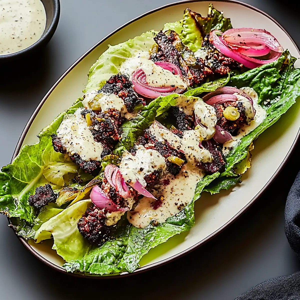 Charred Romaine Caesar Plate with Homemade Dressing and Pickled Onions