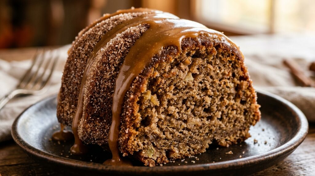 Ultra close-up macro of apple cider donut bundt cake slice with cinnamon sugar crust and salted caramel drizzle