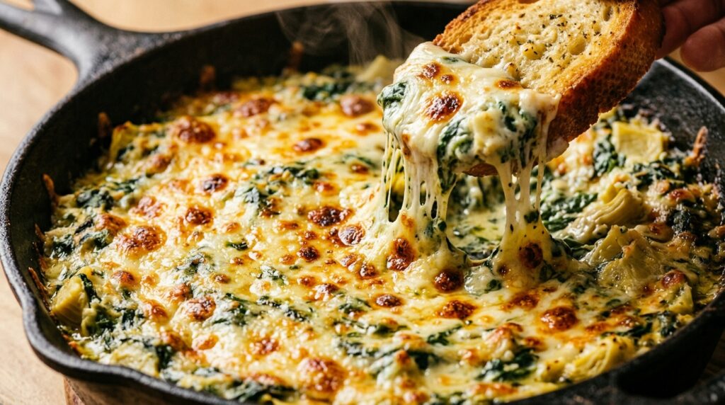 Warm baked spinach artichoke dip bubbling in cast-iron skillet