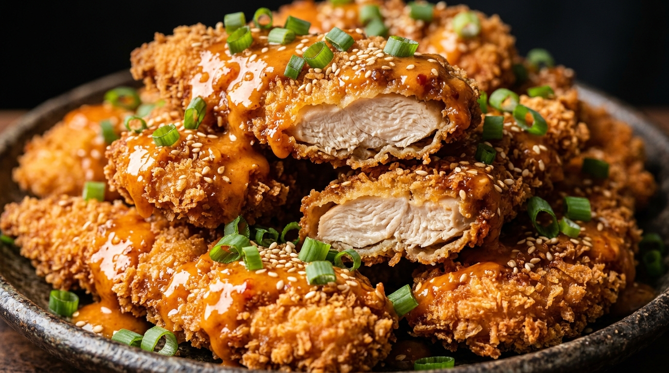Ultra close-up macro of crispy baked bang bang chicken tenders drizzled with creamy orange sweet chili sauce