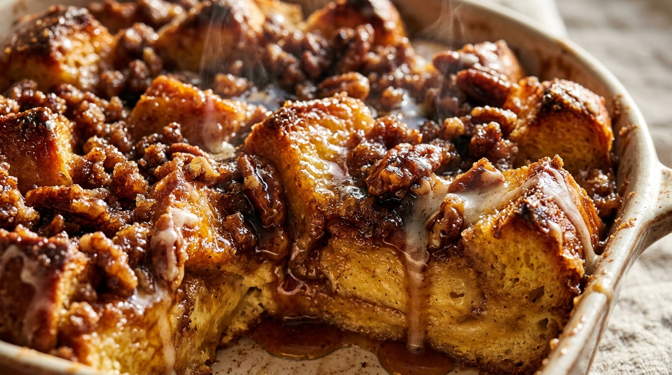 Ultra close-up macro food photography of baked cinnamon brioche French toast casserole with crunchy pecan praline crumble and maple syrup