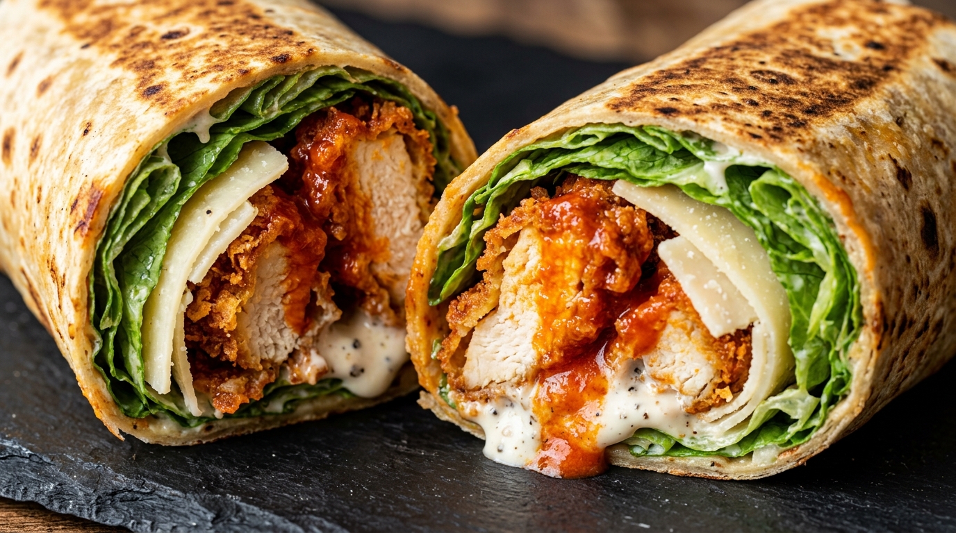 Ultra close-up macro food photography of diagonally sliced crispy buffalo chicken caesar wraps with golden fried chicken tenders and creamy dressing