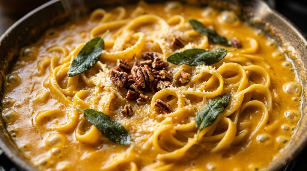 Ultra close-up macro food photography of creamy roasted butternut squash pasta with fettuccine, crisp sage, and toasted pecans