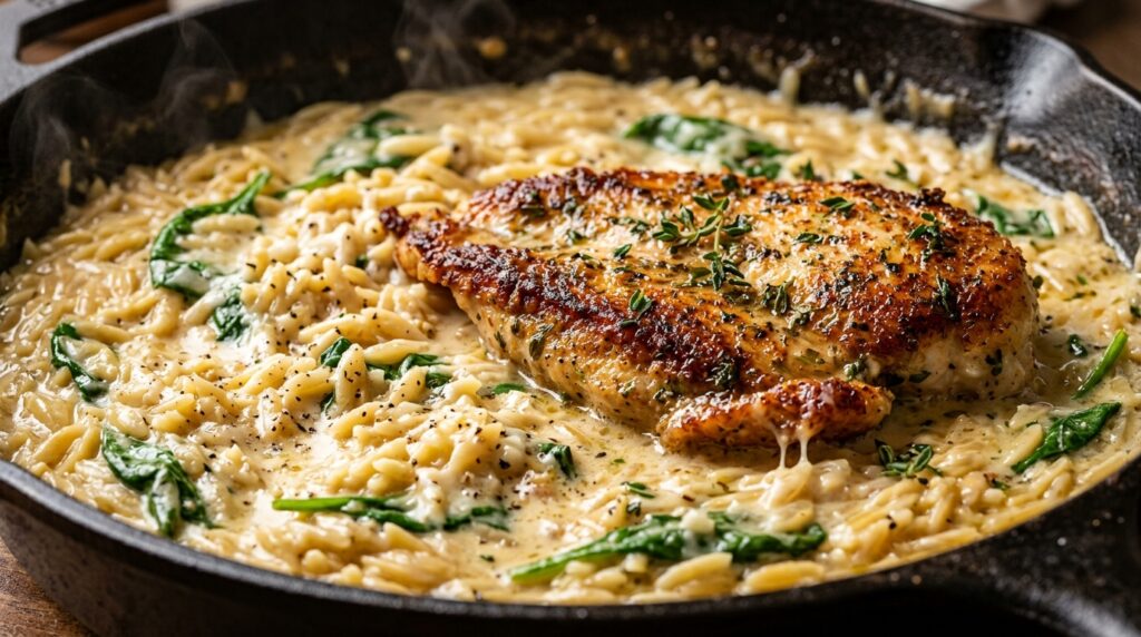 One-Pot Creamy Garlic Parmesan Chicken and Orzo Hero