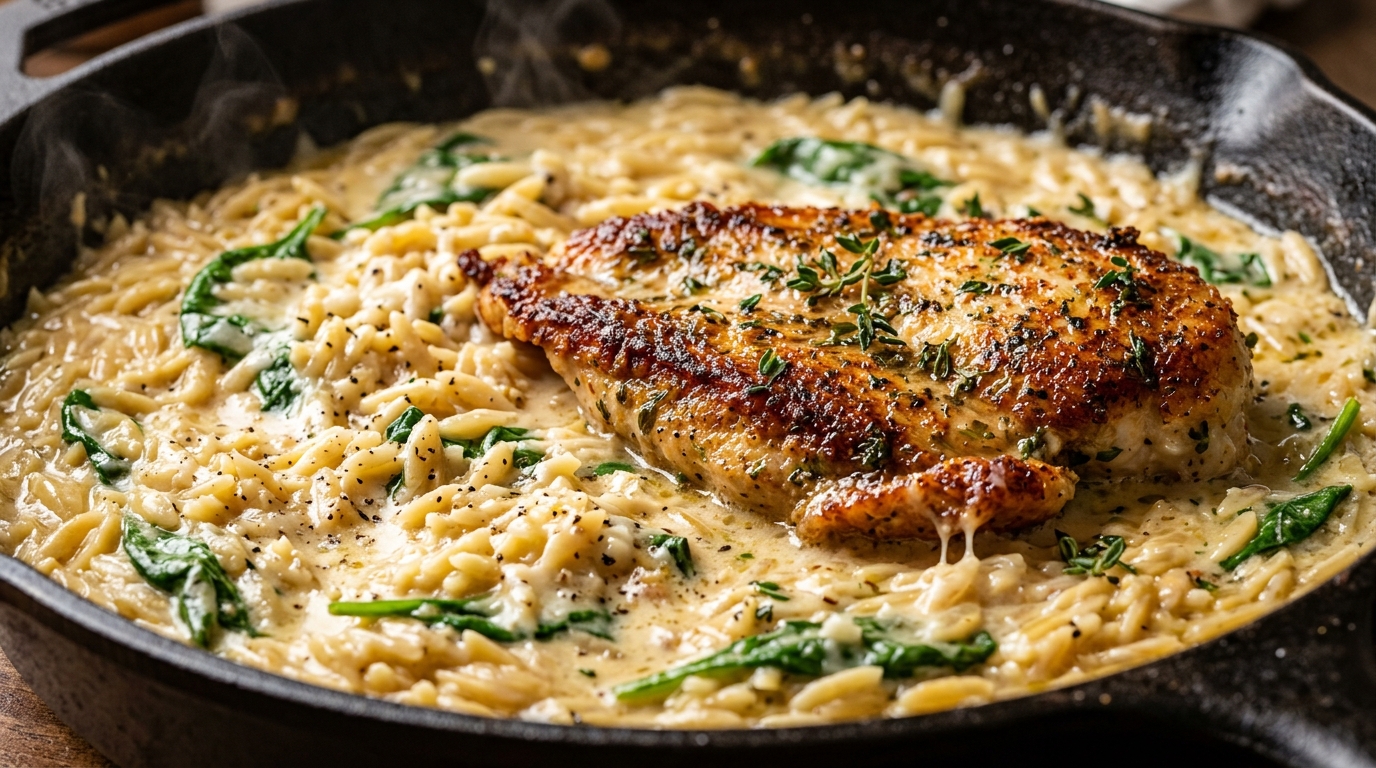 Ultra close-up macro food photography of golden seared chicken breasts resting on velvety garlic parmesan orzo pasta with wilted baby spinach