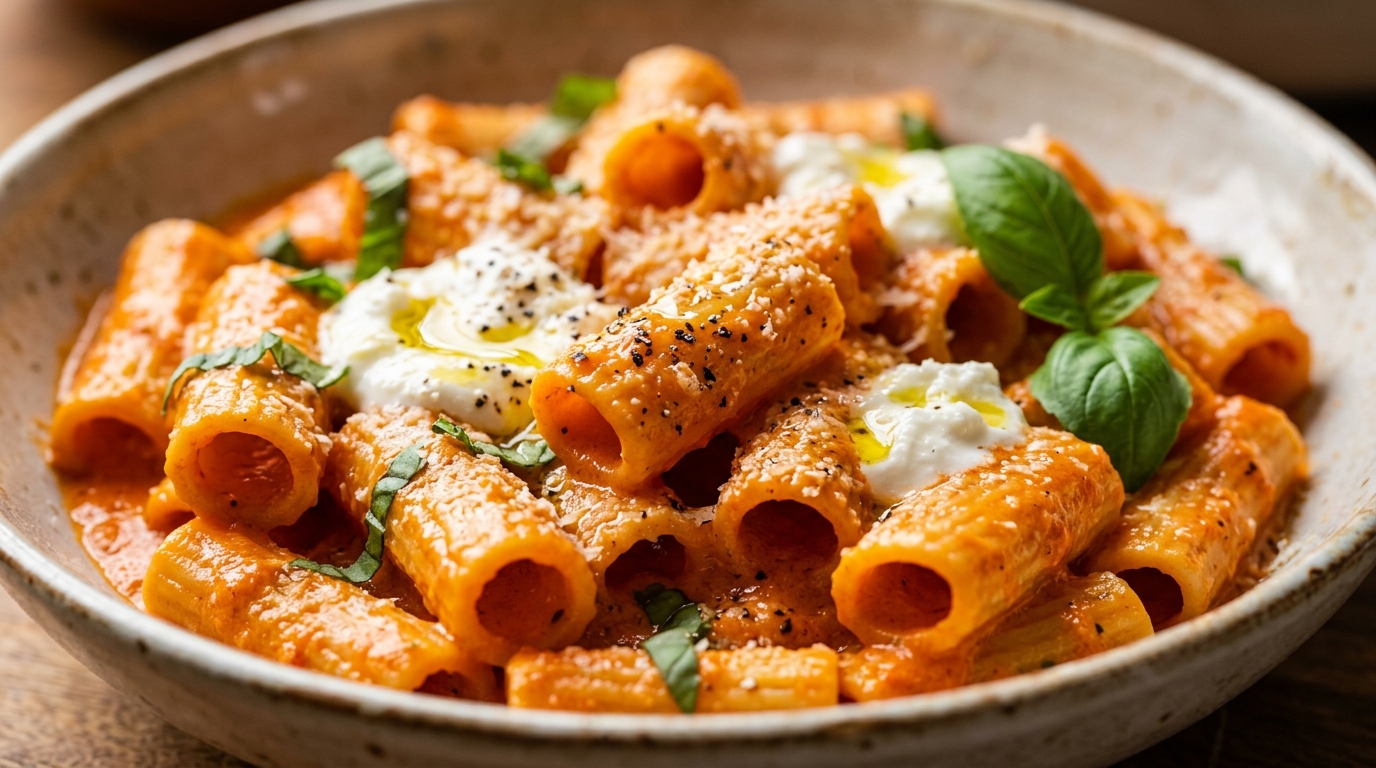Ultra close-up macro food photography of Creamy Roasted Red Pepper Pasta in shallow ceramic bowl with burrata