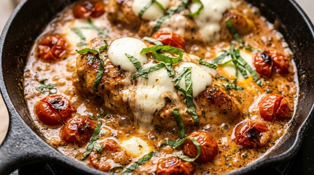 Creamy Tomato Basil Caprese Chicken Skillet Hero
