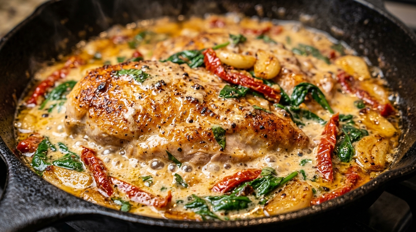 Ultra close-up macro food photography of Creamy Tuscan Garlic Chicken bubbling in a cast iron skillet
