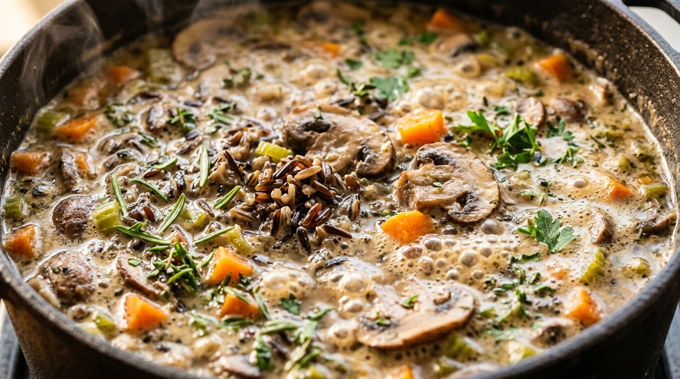 Ultra close-up macro food photography of creamy wild rice soup simmering in dutch oven with mushrooms, carrots, and fresh herbs