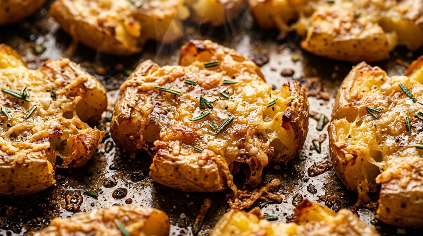 Ultra close-up macro food photography of crispy garlic parmesan smashed baby gold potatoes on a baking sheet with shatteringly crunchy craggy edges and bubbling melted parmesan cheese