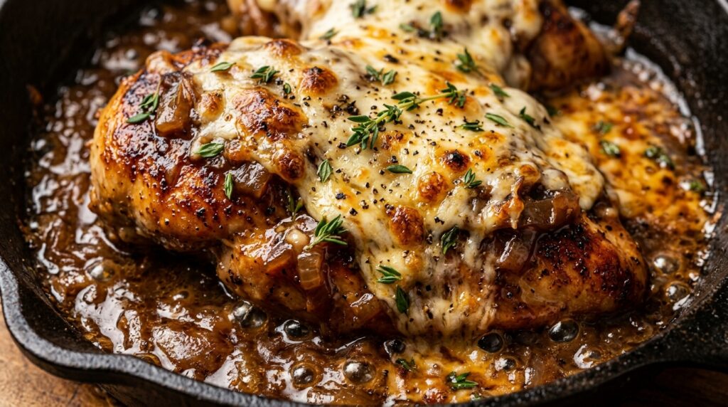 Ultra close-up macro food photography of golden seared chicken breasts smothered in caramelized onion gravy with bubbly melted gruyere cheese
