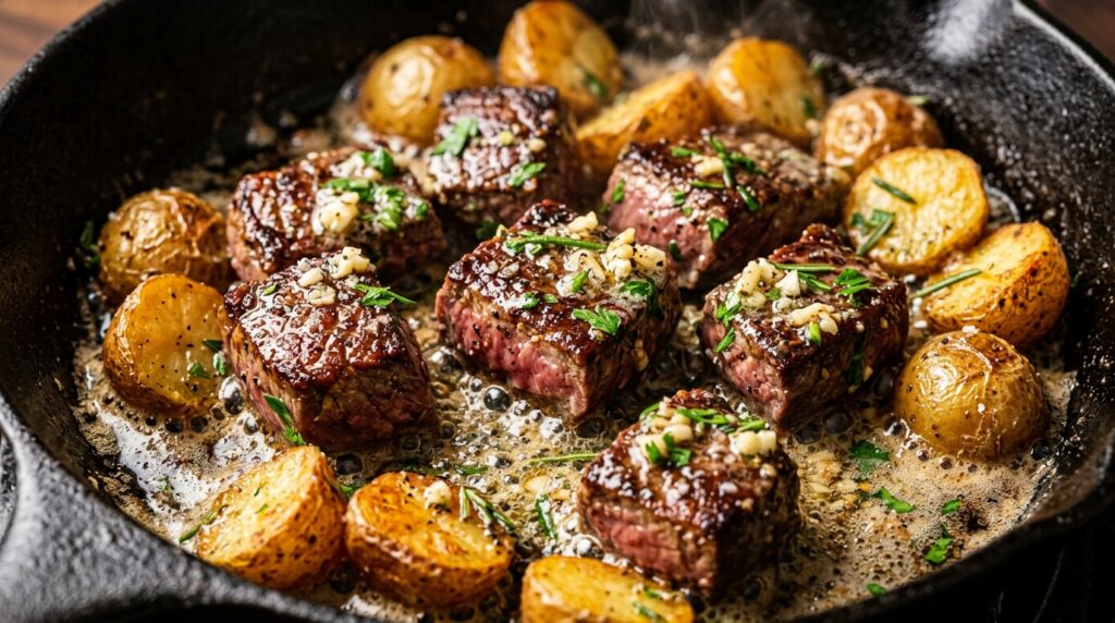 Ultra close-up macro food photography of seared garlic butter steak bites and golden crispy potatoes sizzling in cast iron skillet