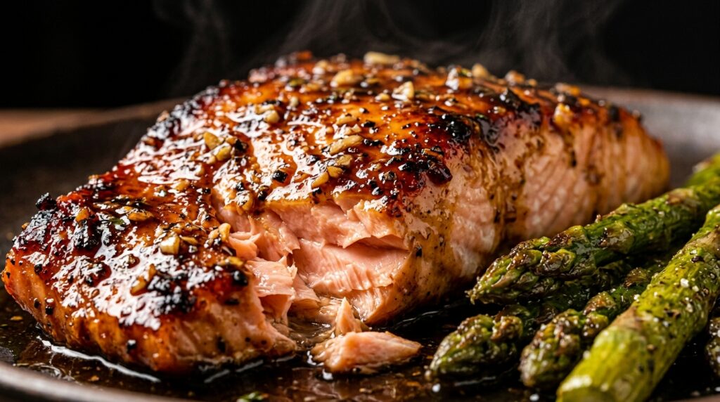 Ultra close-up honey balsamic glazed salmon fillet with roasted asparagus