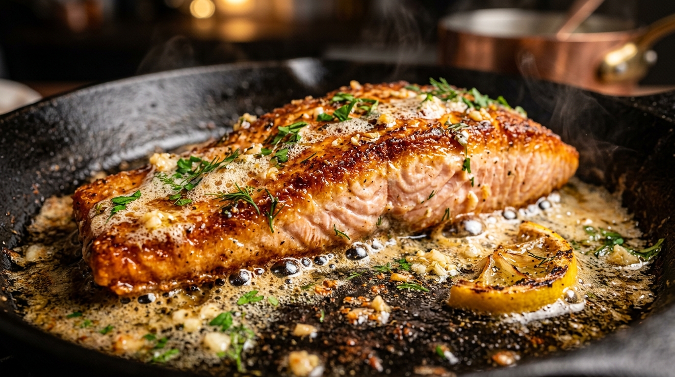 Ultra close-up macro food photography of pan-seared lemon garlic butter salmon sizzling in cast iron skillet