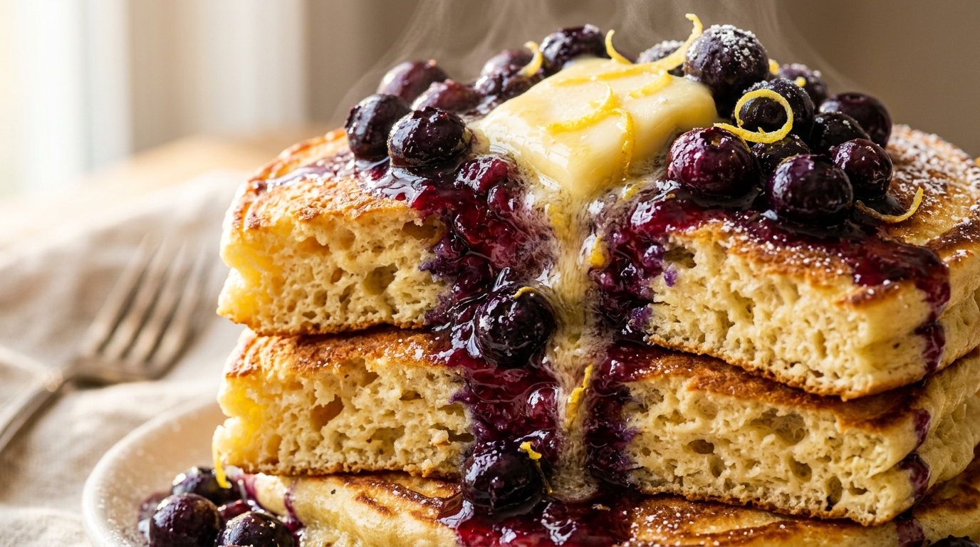 Ultra close-up macro food photography of a towering stack of golden fluffy lemon ricotta pancakes with melting butter and warm burst-blueberry compote