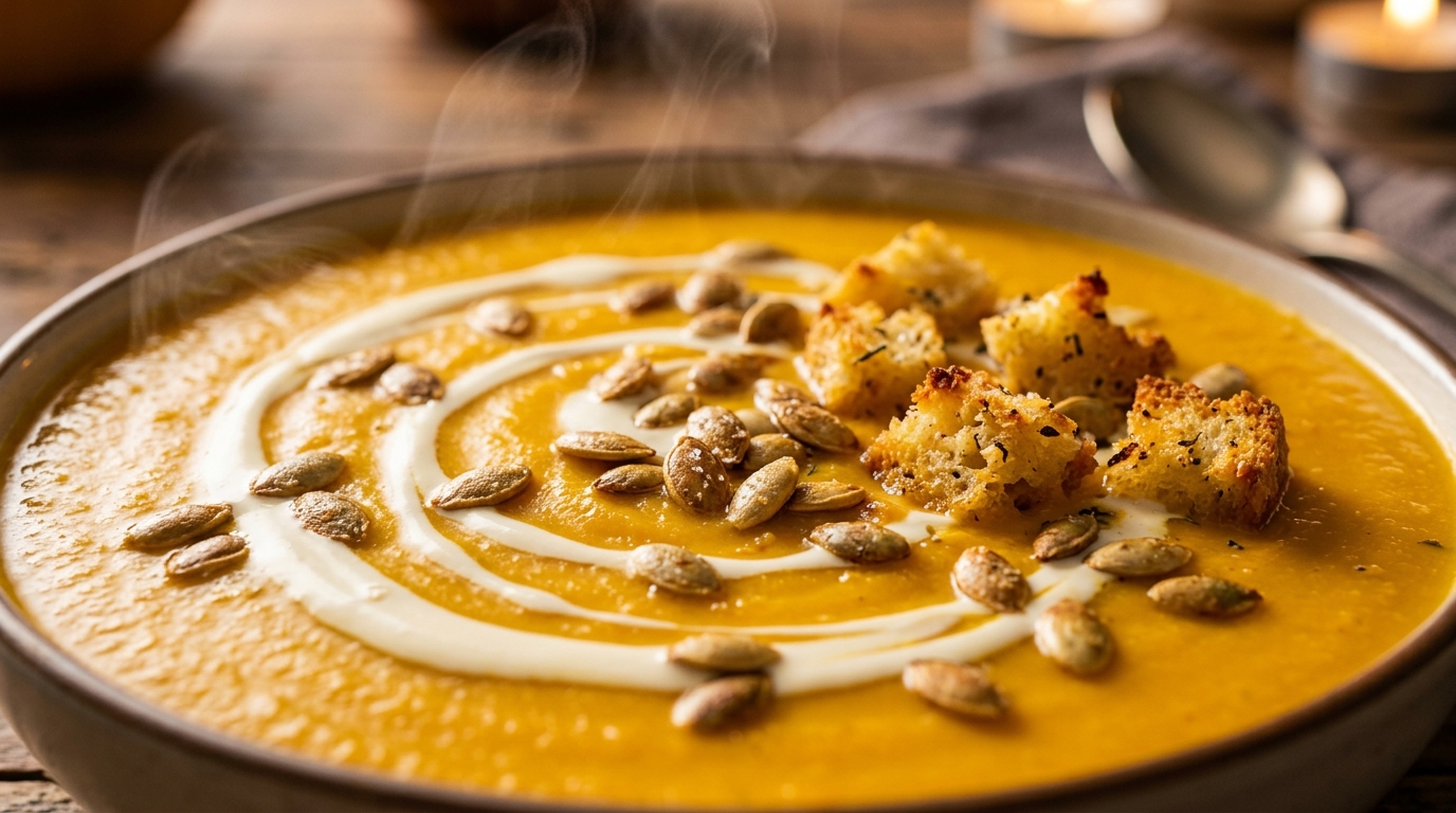 Ultra close-up macro of velvety roasted butternut squash soup with cream swirl and crunchy croutons