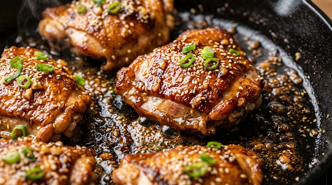 Ultra close-up macro food photography of Sticky Honey Garlic Chicken Thighs sizzling in a cast iron skillet