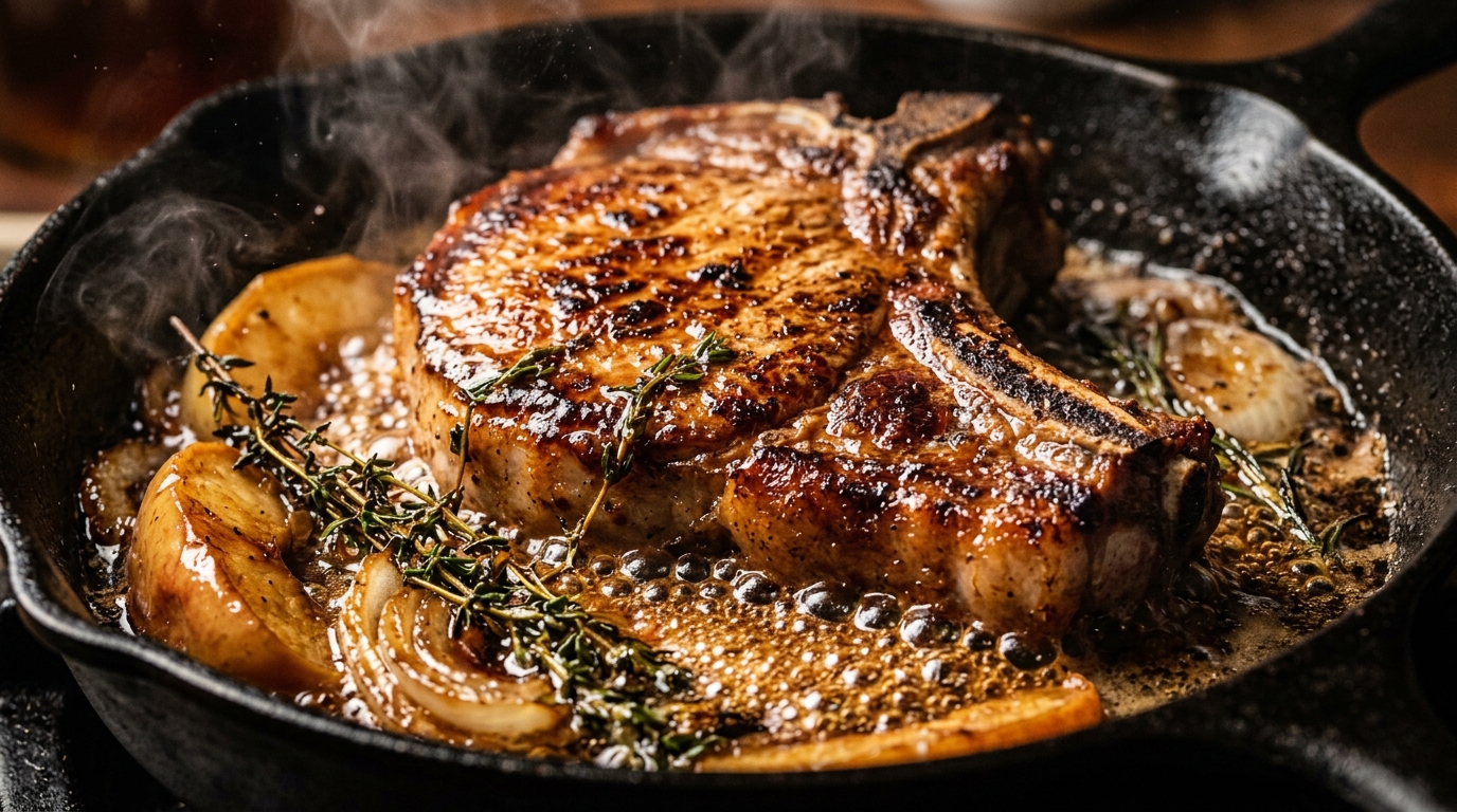 Ultra close-up macro of pan-seared apple cider glazed pork chops sizzling in cast iron skillet