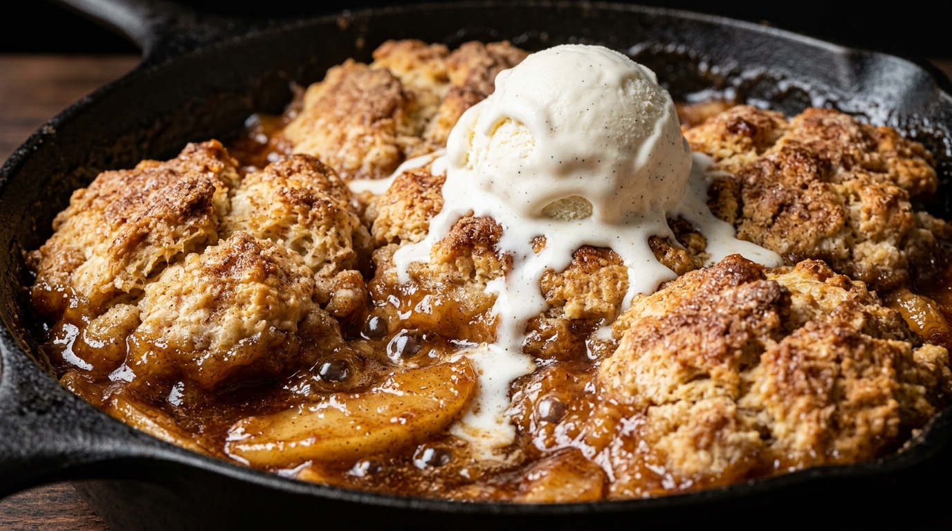 Ultra close-up macro of bubbling old-fashioned apple cobbler in cast iron skillet with golden biscuits and melting vanilla ice cream