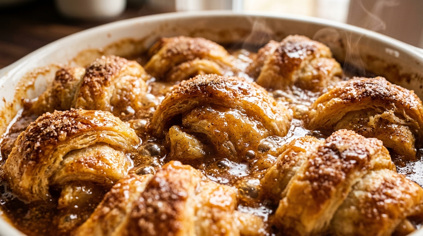 Ultra close-up macro of golden crescent roll apple dumplings bubbling in cinnamon caramel sauce