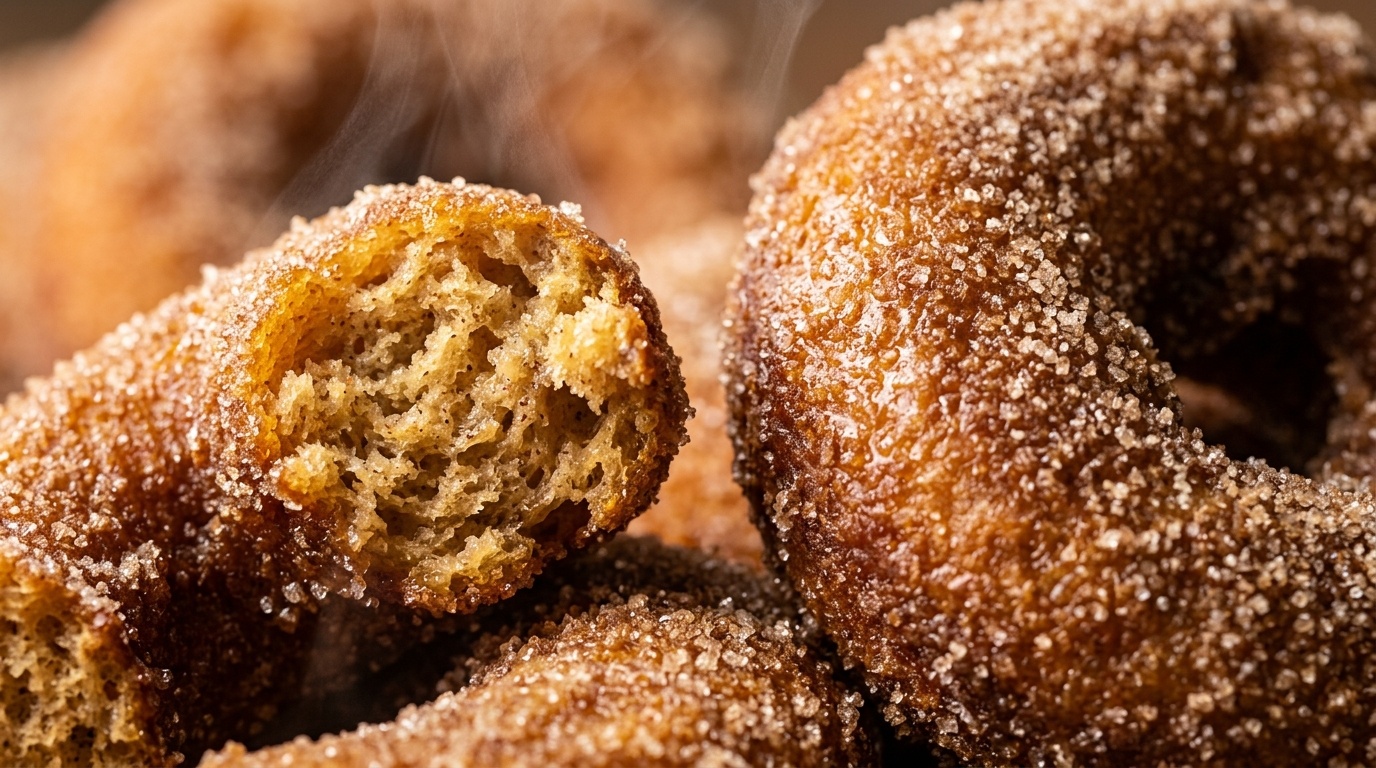 Ultra close-up macro food photography of warm baked apple cider donuts rolled in cinnamon sugar with moist spiced crumb texture