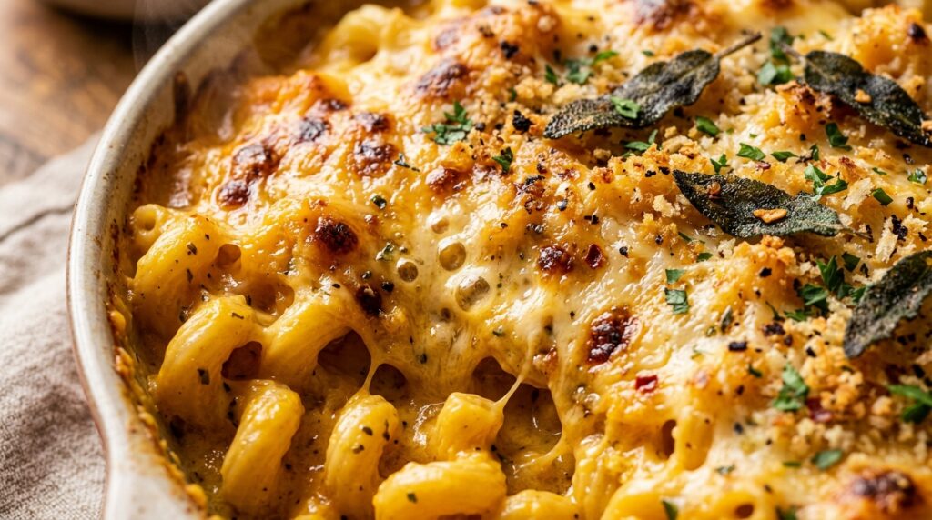 Ultra close-up macro of bubbling butternut squash mac and cheese with melted cheese and crispy panko
