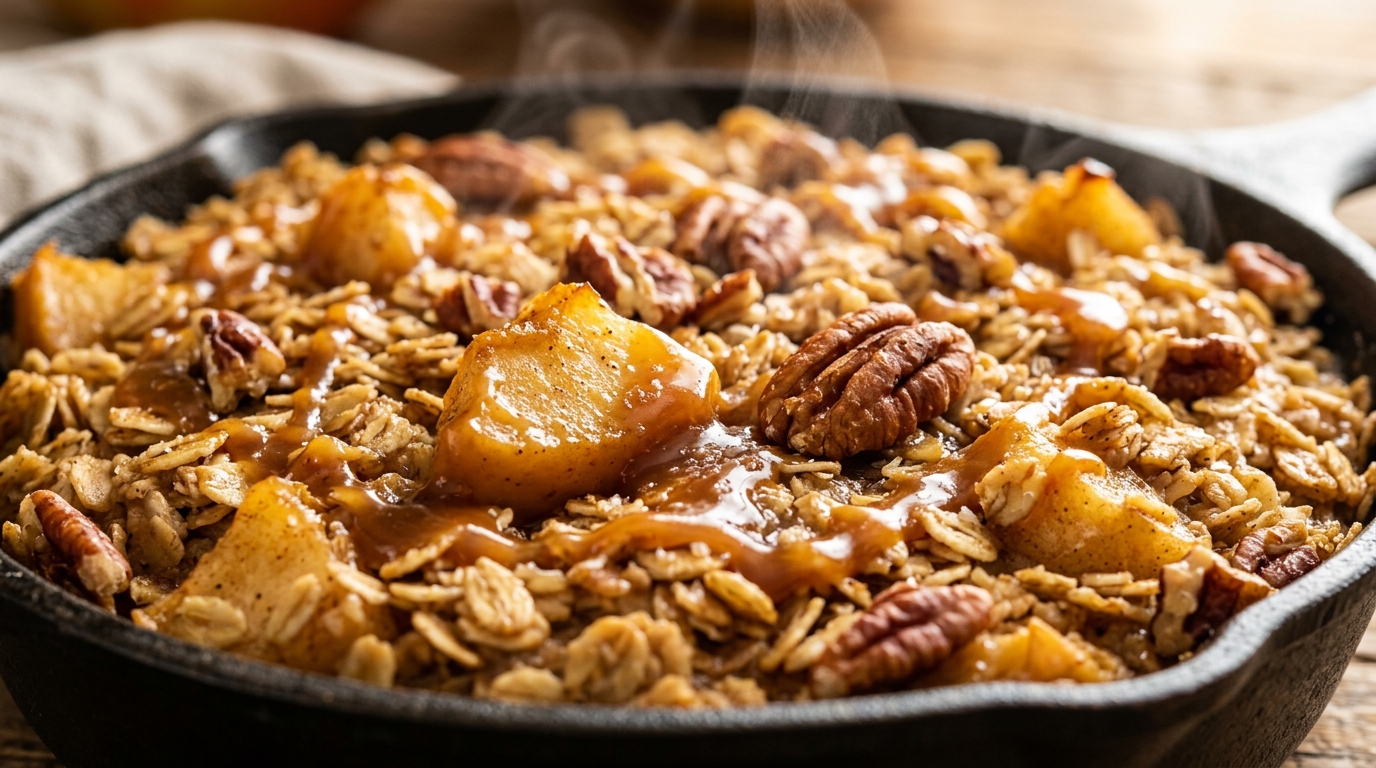 Ultra close-up macro of warm caramel apple cinnamon baked oatmeal in cast iron skillet with pecans