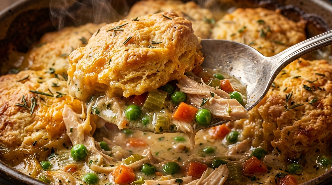 Ultra close-up macro food photography of chicken pot pie casserole with spoon lifting golden cheddar biscuit and creamy sauce