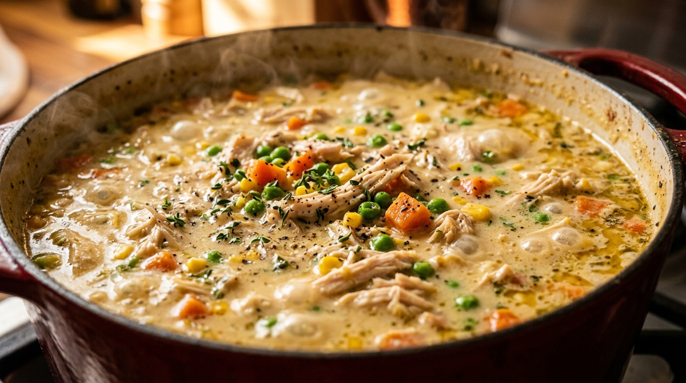 Ultra close-up macro of creamy chicken pot pie soup simmering in Dutch oven