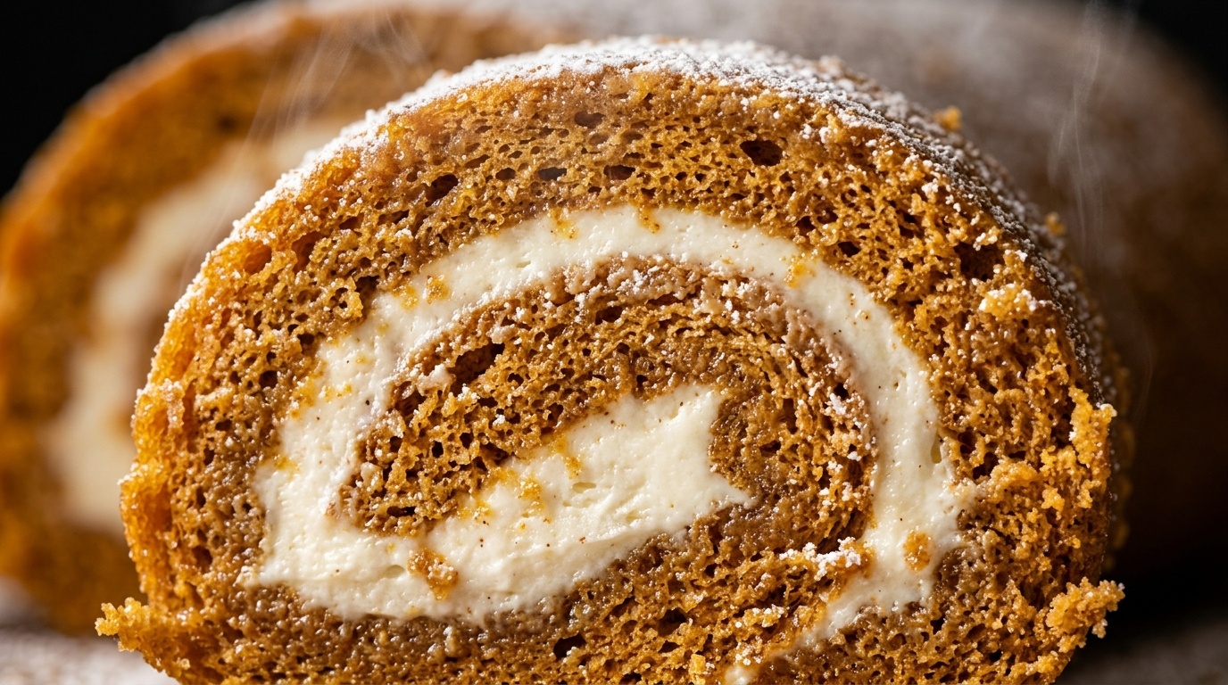 Ultra close-up macro food photography of classic spiced pumpkin roll slice with velvety cream cheese swirl