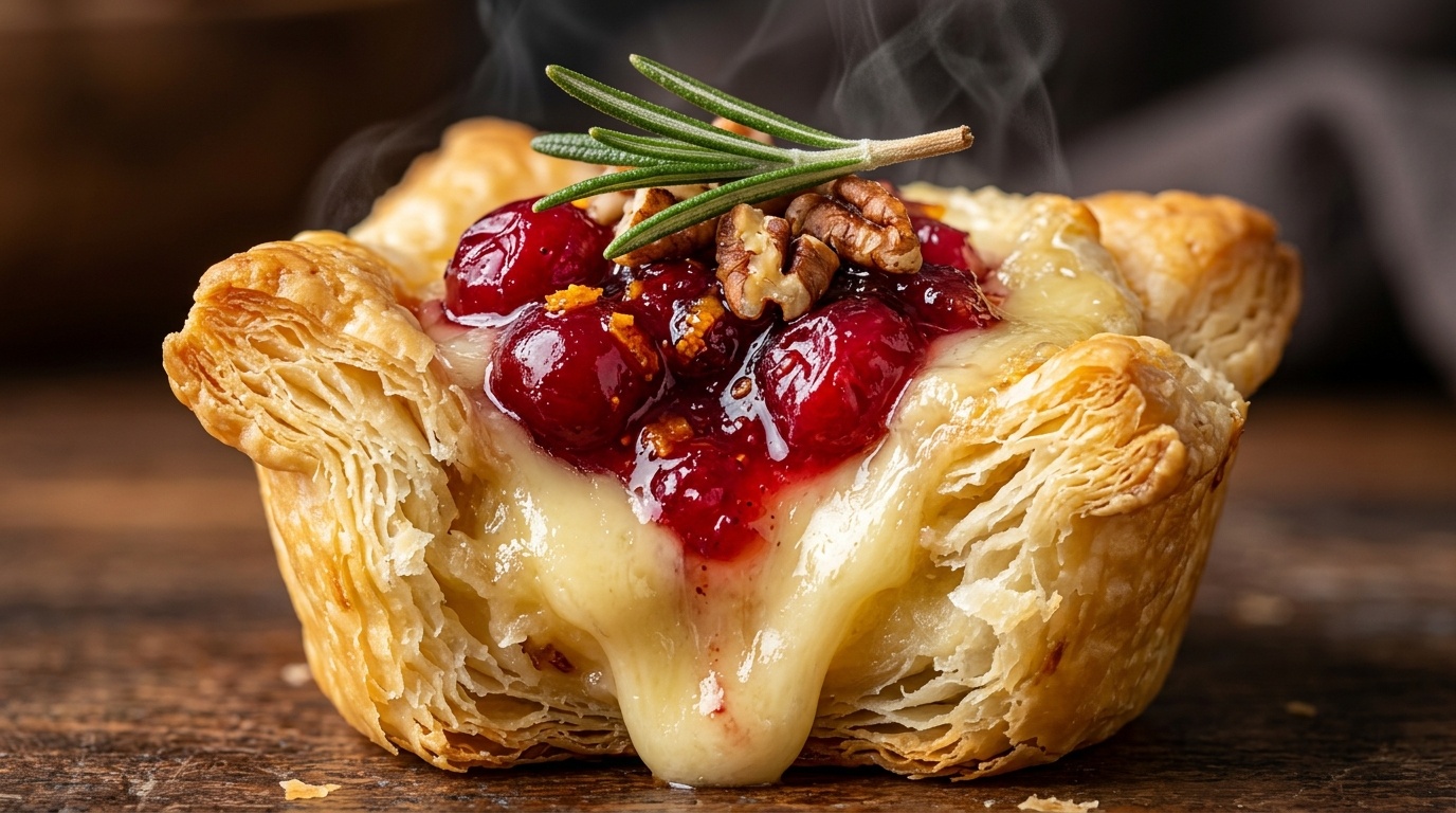 Ultra close-up macro food photography of warm cranberry brie bites with molten cheese pull and ruby cranberry sauce