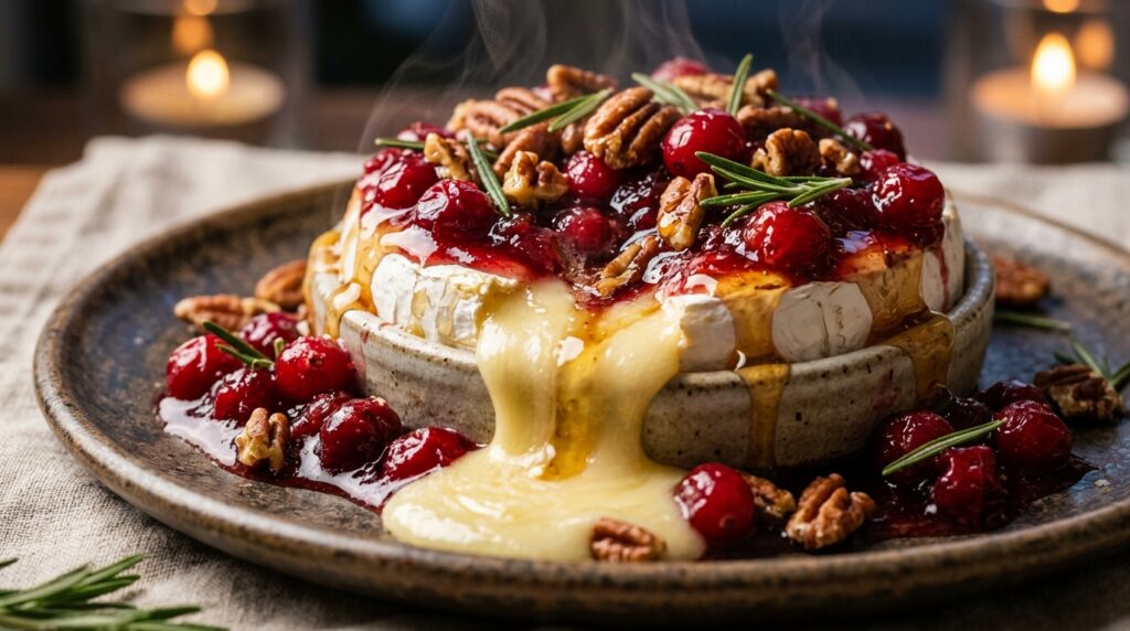 Ultra close-up macro of molten baked brie with warm spiced cranberry compote and pecans