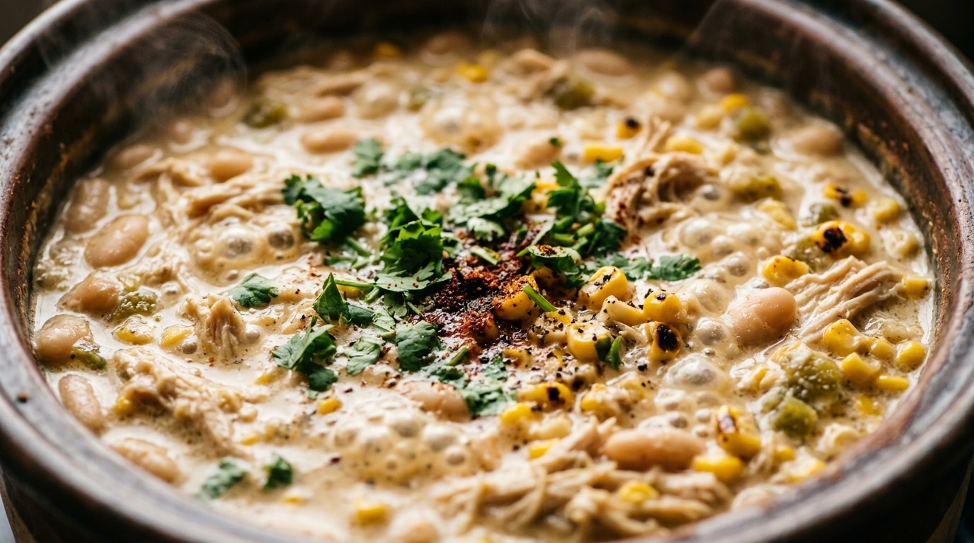 Ultra close-up macro of creamy white chicken chili simmering with fire roasted corn, white beans, and cilantro