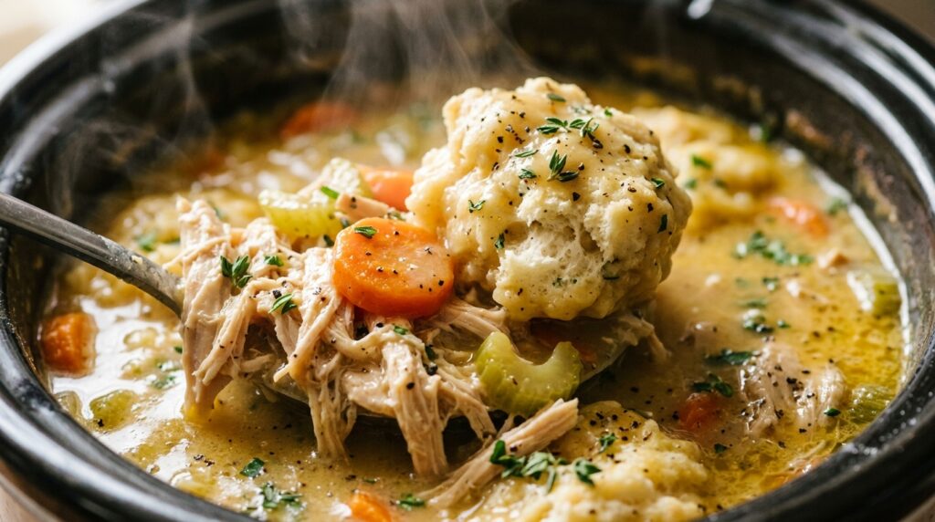 Ultra close-up macro of slow cooker chicken and dumplings simmering with carrots and fluffy biscuit dumplings