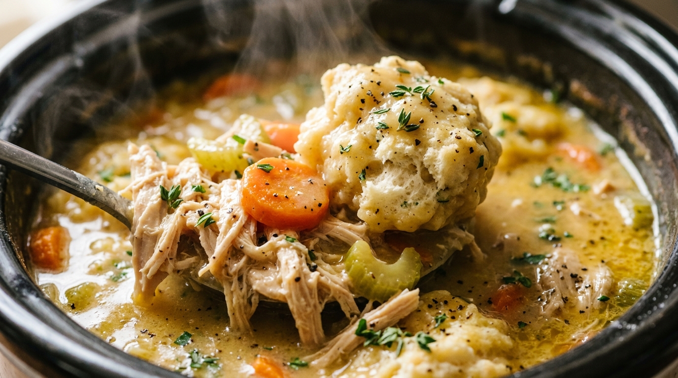 Ultra close-up macro of slow cooker chicken and dumplings simmering with carrots and fluffy biscuit dumplings