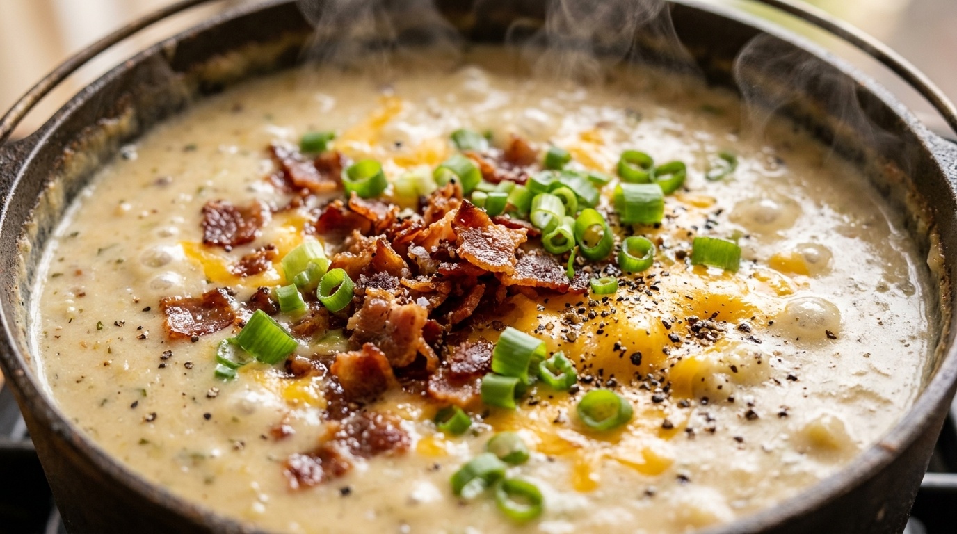 Ultra close-up macro of creamy loaded potato soup topped with crisp bacon and sharp cheddar cheese
