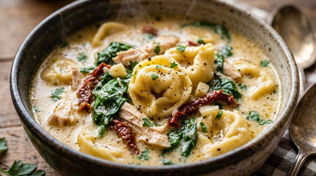 Ultra close-up macro of creamy Tuscan tortellini soup with shredded chicken and spinach