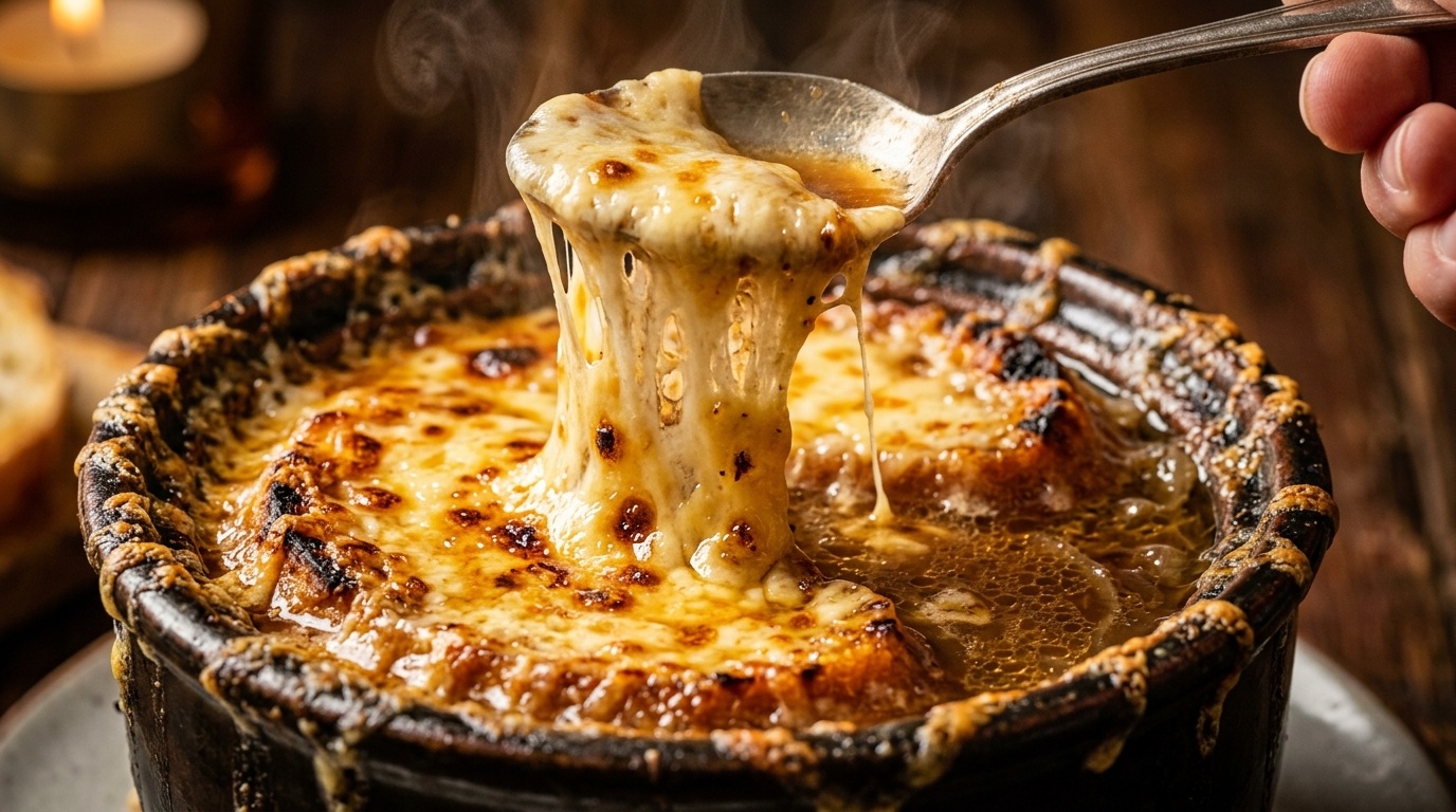 Ultra close-up macro food photography of classic French onion soup with bubbly melted Gruyère cheese pull and dark caramelized broth
