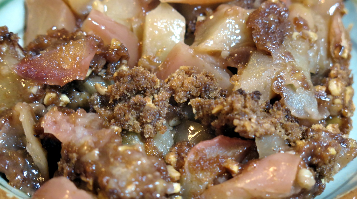 Ultra close-up macro food photography of warm freshly baked apple crisp with melting vanilla bean ice cream