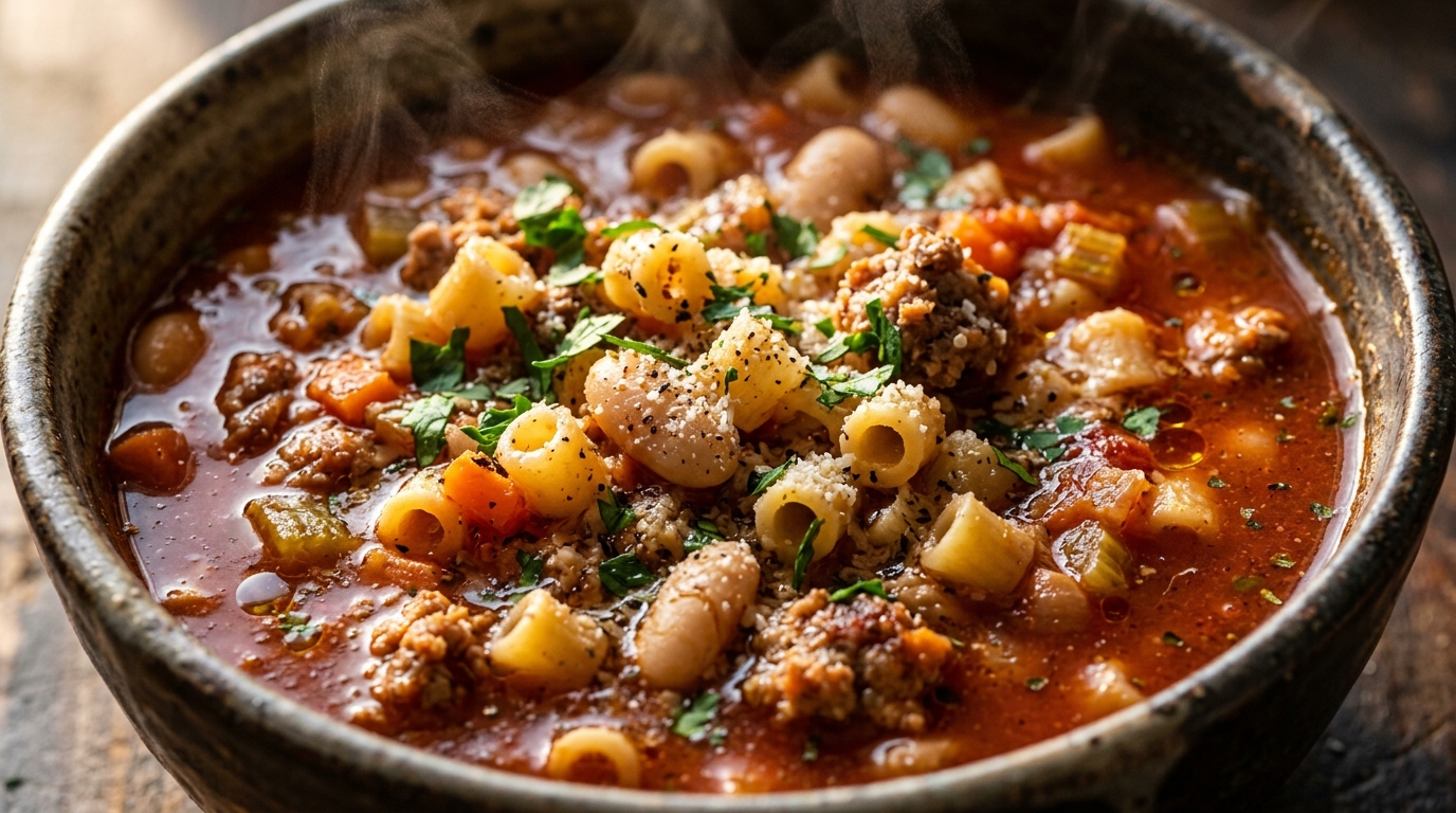 Ultra close-up macro of steaming Italian pasta e fagioli soup with browned sausage, ditalini pasta, white beans, and grated pecorino cheese