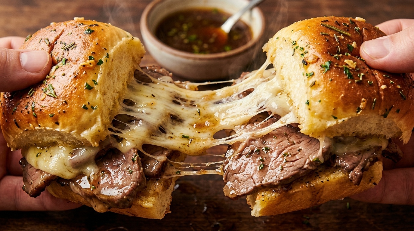 Ultra close-up macro of warm French dip sliders pulled apart with melted provolone cheese and tender roast beef