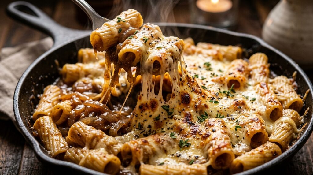 Ultra close-up macro of creamy French onion pasta with bubbling caramelized sweet onions and melted Gruyere cheese