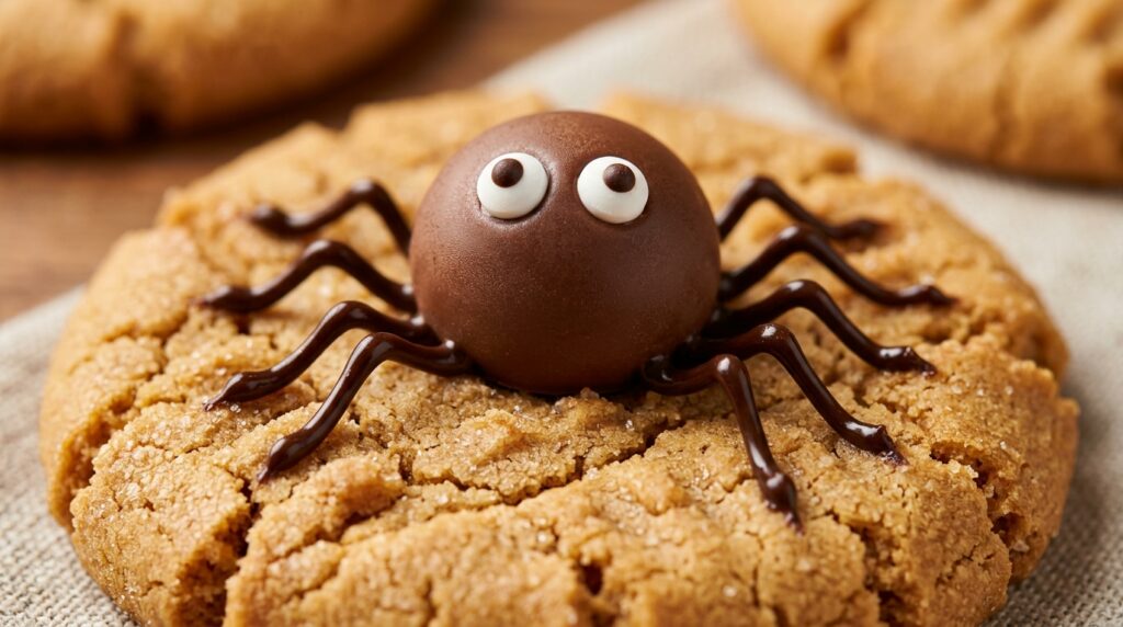 Ultra close-up macro of soft-baked peanut butter spider cookie with chocolate truffle body and candy eyes