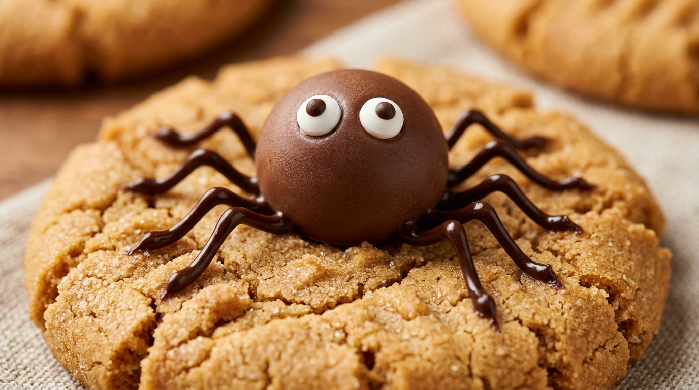 Ultra close-up macro of soft-baked peanut butter spider cookie with chocolate truffle body and candy eyes