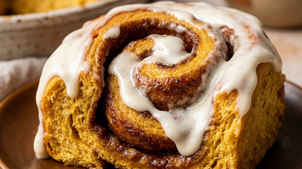 Ultra close-up macro of warm pumpkin cinnamon roll with brown sugar spice swirl and dripping maple cream cheese icing