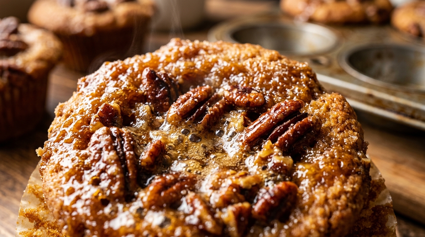 Ultra close-up macro of gooey bakery-style pecan pie muffin with caramelized brown sugar center