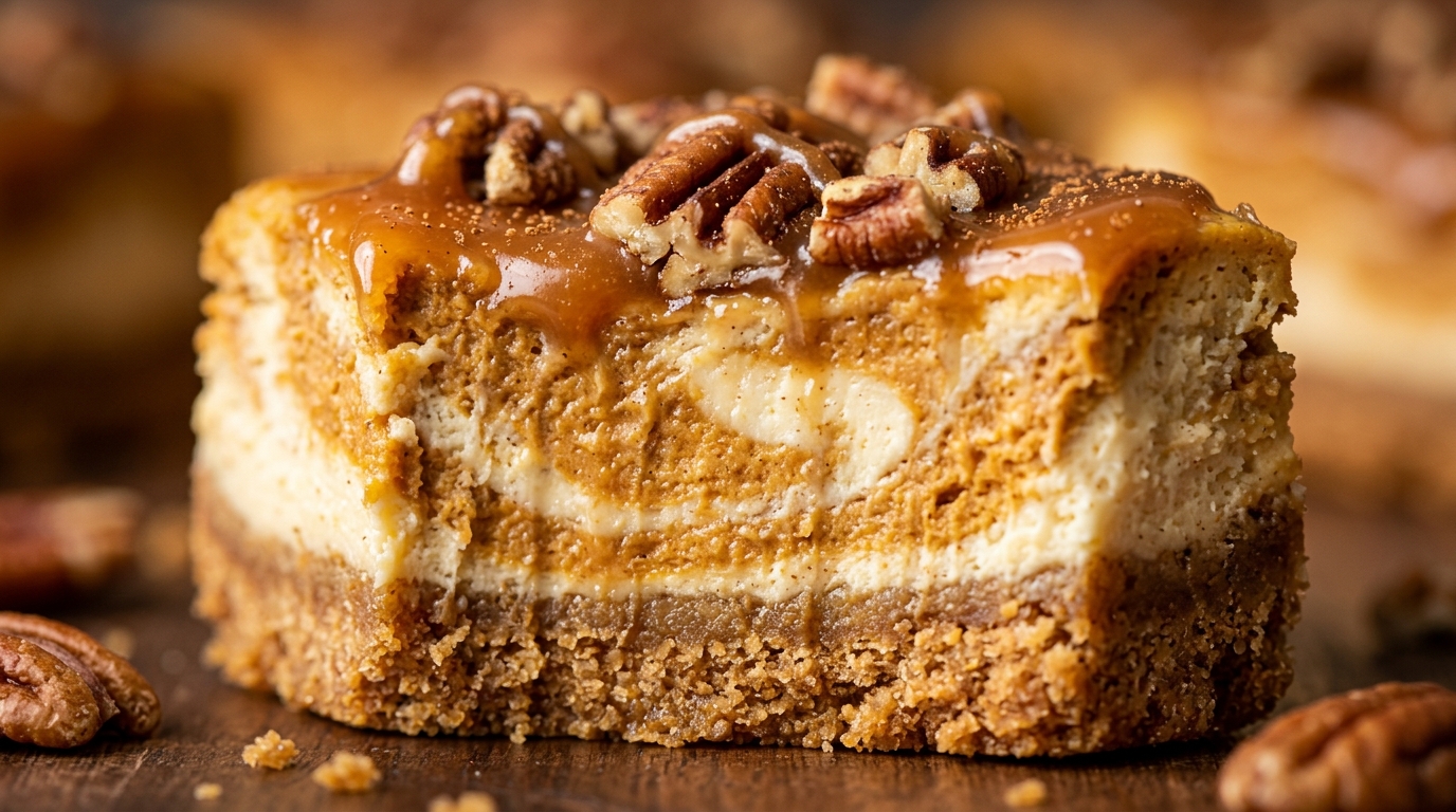 Ultra close-up macro cross-section of swirled pumpkin cheesecake bars with salted caramel drizzle