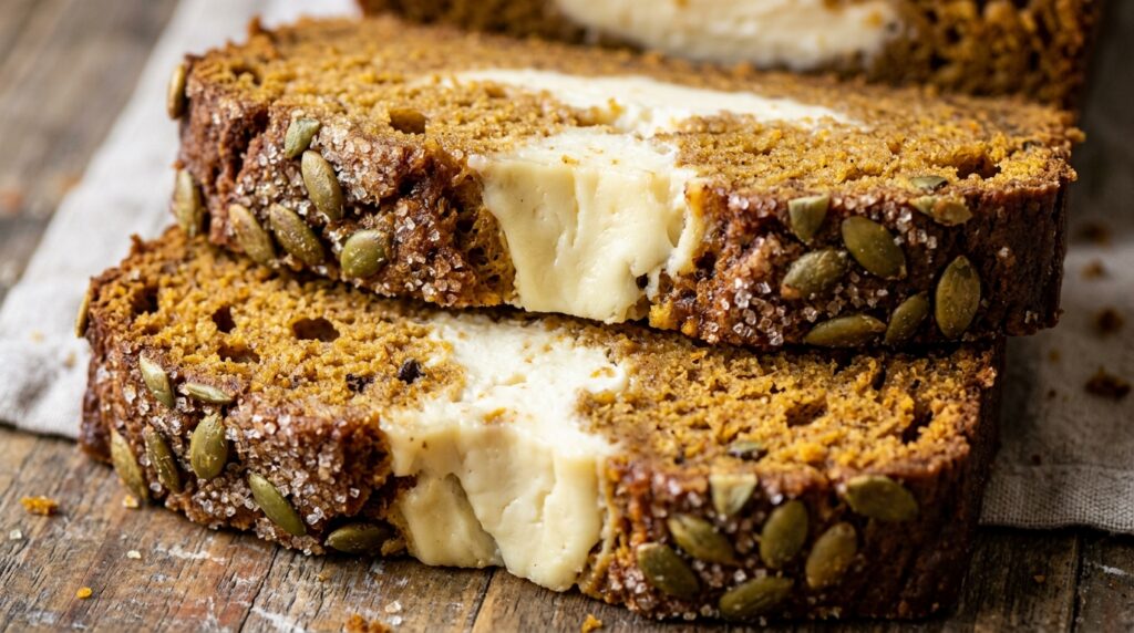 Ultra close-up macro of sliced moist pumpkin cream cheese bread showing cheesecake swirl and crunchy pepitas