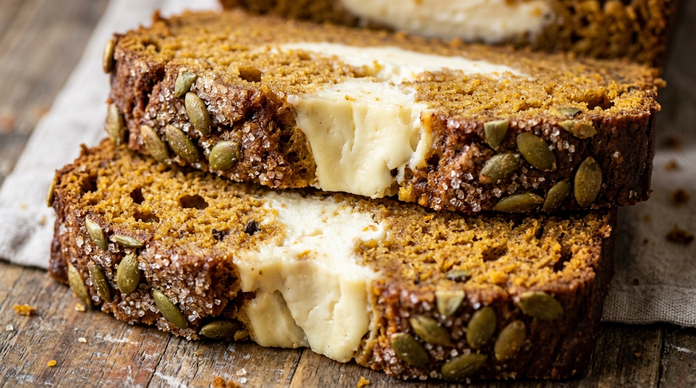 Ultra close-up macro of sliced moist pumpkin cream cheese bread showing cheesecake swirl and crunchy pepitas