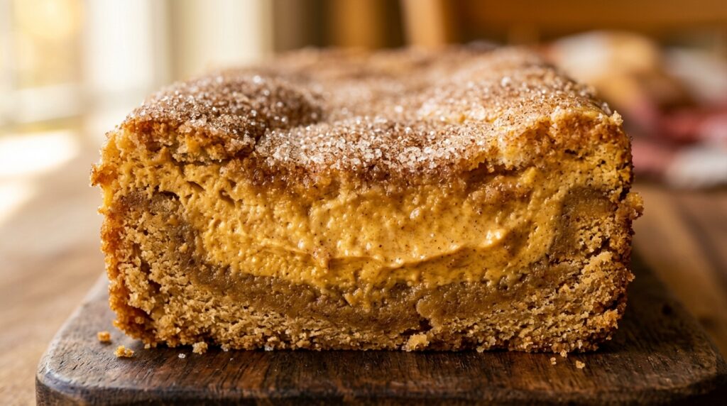 Ultra close-up macro of pumpkin cream cheese swirl snickerdoodle bar with cinnamon sugar crust